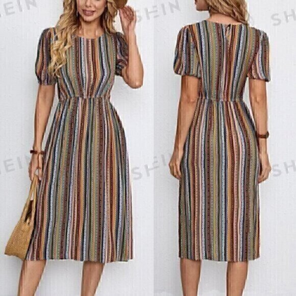 SHEIN Dresses & Skirts - EMERY ROSE SHEIN Striped Puff Sleeve Dress White Black Multi Geometric Boho Midi